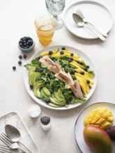 Delicious and healthy tuna salad with mango, avocado, blueberries, and lamb's lettuce, served on a