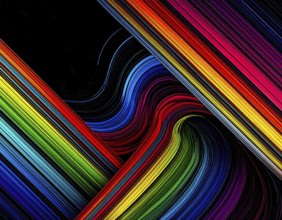 Abstract digital art featuring vibrant, intersecting neon lines creating a geometric pattern,