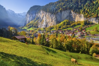 View of town and valley with Staubbach waterfall in autumn, Lauterbrunnen, Bernese Oberland, Canton