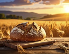 Rustic loaf of whole grain bread, fresh baked, close up of bread on dark wooden table, golden rust,
