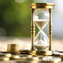 Hourglass and stacked golden coins, illustrating currency fluctuation and time impact commodities