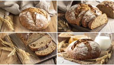 Collage of rustic loaf of whole grain bread, bread on dark rustic wooden table, great variety of