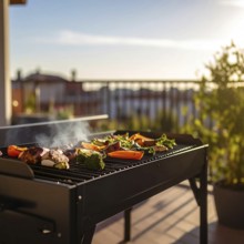 Cooking vegetables on grill on the balcony, healthy lifestyle, vegetarian barbeque, leisure time in