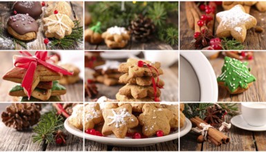 Collage of Christmas cookies and sweets, variation of sweet desserts, lots of unhealthy calories,