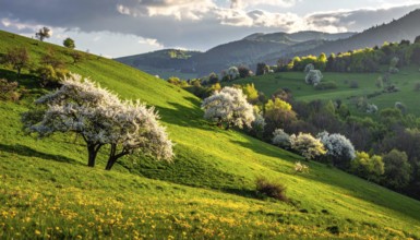Spring blooming landscape, trees in the foreground, green hills covered with blooming flowers,