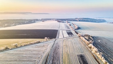 Bird Eye Perspective of Frost Covered Farmland. Seasonal Agricultural Scenery, winter and autumn