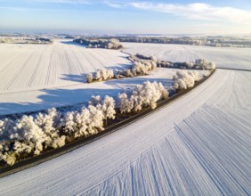Bird Eye Perspective of Frost Covered Farmland. Seasonal Agricultural Scenery, winter and autumn