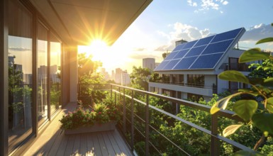 Sunlight Glinting Off Solar Panels on Contemporary Apartment Balcony, energy solution, concept of