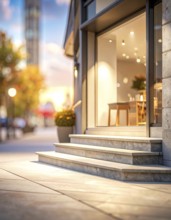 Modern building entrance with stairs, glass facade, and plants in warm evening light, empty