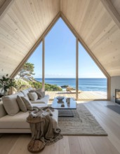 Peaceful A-frame cabin interior with ocean views, real estate lifestyle and travel destination,