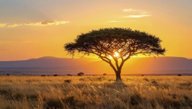 Single acacia tree in the savannah at sunset, solitude in the wild, dry grass in the foreground,
