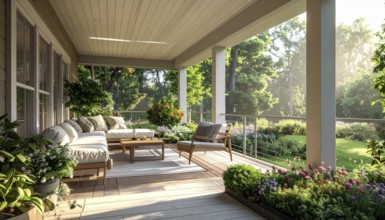 An eco-friendly porch designed for sustainable living in an environmentally-conscious home, lush