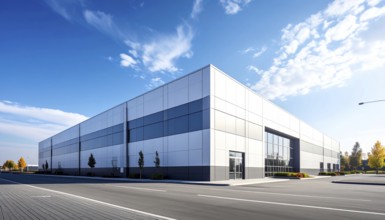 Modern supermarket building exterior against blue sky, Inviting white facade, some clouds, concept