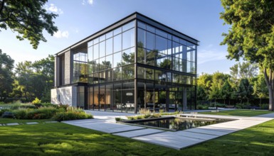 Modern architectural framework with glass and steel structure, glass facade with a greed of steel