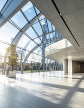 Modern architectural framework with glass and steel structure, glass facade with a greed of steel