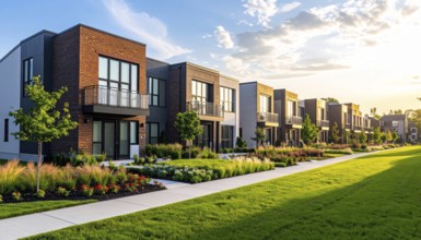 Modern apartment building with balconies and well-kept landscaping at sunset, Modern multifamily
