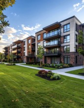 Modern apartment building with balconies and well-kept landscaping at sunset, Modern multifamily