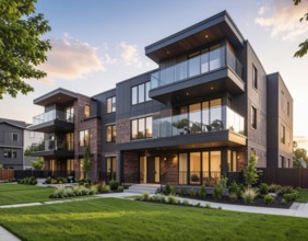 Modern apartment building with balconies and well-kept landscaping at sunset, Modern multifamily