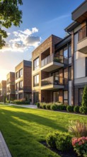 Modern apartment building with balconies and well-kept landscaping at sunset, Modern multifamily