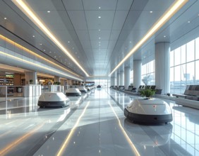 Autonomous cleaning roboter at modern airport terminal, showcasing advanced technology, daylight in