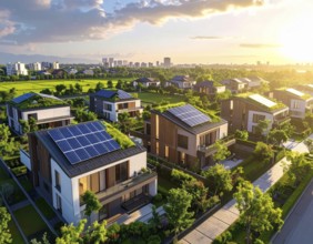 Aerial view showcases modern houses with solar panels and green roofs in a suburban setting,