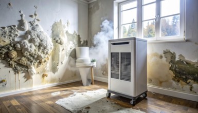 A specialized dehumidifier operates in a mold-infested room following water damage, Shell