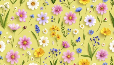 Vibrant wildflowers and grass create a colorful and joyful floral pattern, Variety of wild flowers,