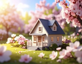 A miniature house surrounded by blooming cherry blossoms and warm sunlight, creating a peaceful and