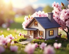 A miniature house surrounded by blooming cherry blossoms and warm sunlight, creating a peaceful and