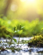 Beautiful spring detailed stream of fresh water, vibrant blooming young green plants, wallpaper