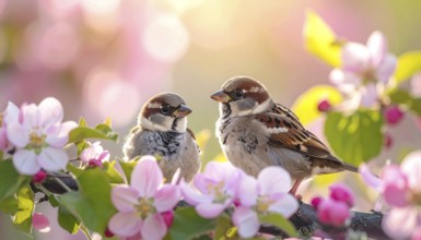 Small funny Sparrow Chicks sit in the garden surrounded by pink Apple blossoms on a Sunny may day,