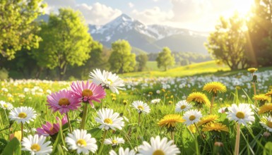 A sunny meadow with daisies in full bloom under bright sunlight, creating a vibrant and cheerful