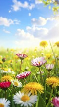 A sunny meadow with daisies in full bloom under bright sunlight, creating a vibrant and cheerful