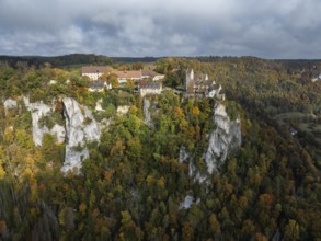 Aerial view of Werenwag Castle and former Werenwag Castle on a rocky spur in the Upper Danube