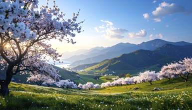 Landscape with a blooming apricot tree, idilyc spring nature, green grass and mountains in
