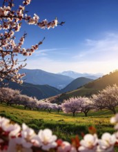 Landscape with a blooming apricot tree, idilyc spring nature, green grass and mountains in