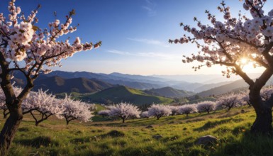 Landscape with a blooming apricot tree, idilyc spring nature, green grass and mountains in