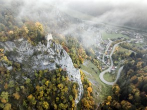 Aerial view of the viewpoint, shovels and Hausen Castle, also known as the Hausen ruins, surrounded