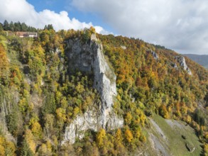 Aerial view of the viewpoint, shovels and Hausen Castle, also known as the Hausen ruins, surrounded