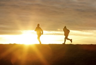 Woman and child walk across a dike on the island of Fehmarn at sunset, 13.10.2025, Fehmarn,