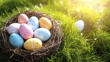 Nest with easter eggs in a basket on grass, sunny spring day, fresh beautiful landscape at