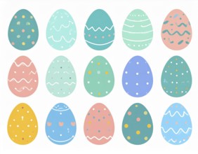 Set of easter eggs flat design on white background, abstract vector wallpaper illustration, banner