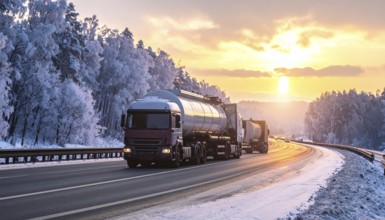 Petrol cargo truck lorry tanker driving on highway hauling oil products at sunrise, wide snowy