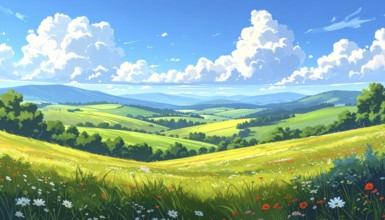 Fresh summer hilly Landscape with blooming Meadow, green plants, Blue Sky with cloudy sky, serene