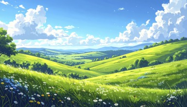 Fresh summer hilly Landscape with blooming Meadow, green plants, Blue Sky with cloudy sky, serene
