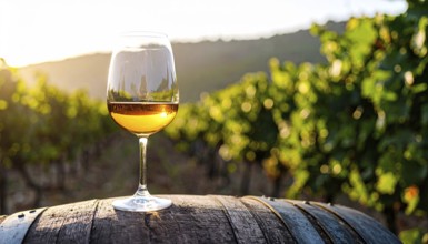 A glass of 10-year-old tawny wine placed on a barrel in a vineyard restaurant, vineyard landscape
