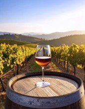 A glass of 10-year-old tawny wine placed on a barrel in a vineyard restaurant, vineyard landscape