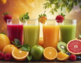 Fresh fruit juices in glasses, surrounded by colorful fruits, showcasing healthy drinking and