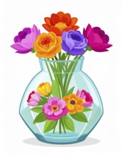 Crystal glass vase with vibrant blooming flowers, vibrant vector drawing illustration for fresh