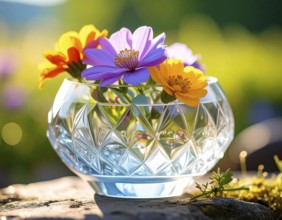 Crystal glass vase with vibrant blooming flowers, fresh spring and summer concept, AI generated